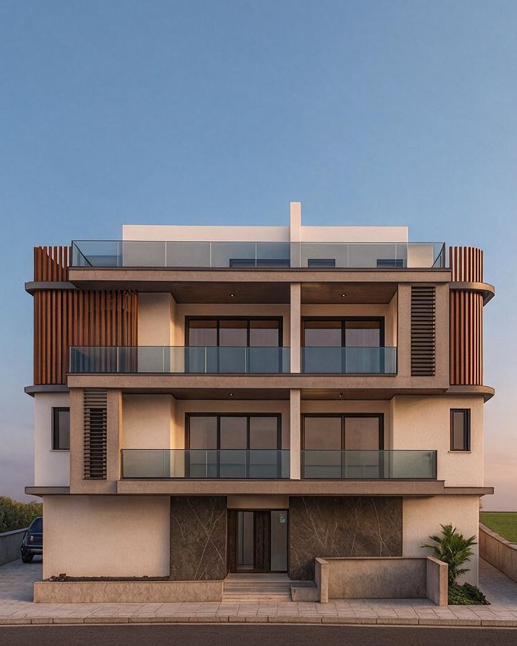 The OnWaves building at dusk: three storeys with timber slats, glass balconies and a rooftop terrace